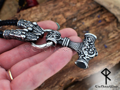 Thors Hammer O-Ring-Halskette, Helm of Awe Mjolnir-Anhänger mit Drachenköpfen