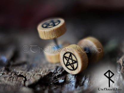 Pentagram Gauges Gothic Tunnel Earrings, Wiccan Pentacle Wooden Ear Plugs 10mm - TheNorseWind