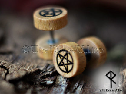 Pentagram Gauges Gothic Tunnel Earrings, Wiccan Pentacle Wooden Ear Plugs 10mm - TheNorseWind