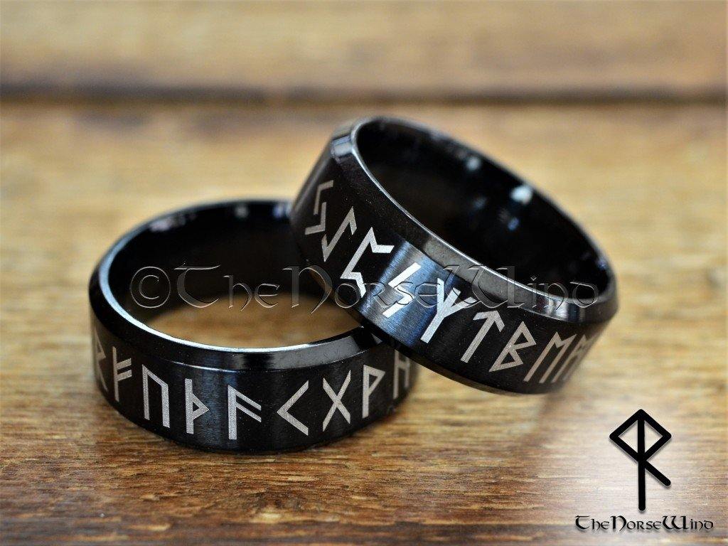 Viking Ring, Norse Runes Wedding Bands, Black Steel - TheNorseWind
