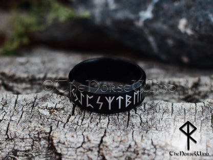 Viking Runes Ring - Black Stainless Steel Futhark Ring - TheNorseWind