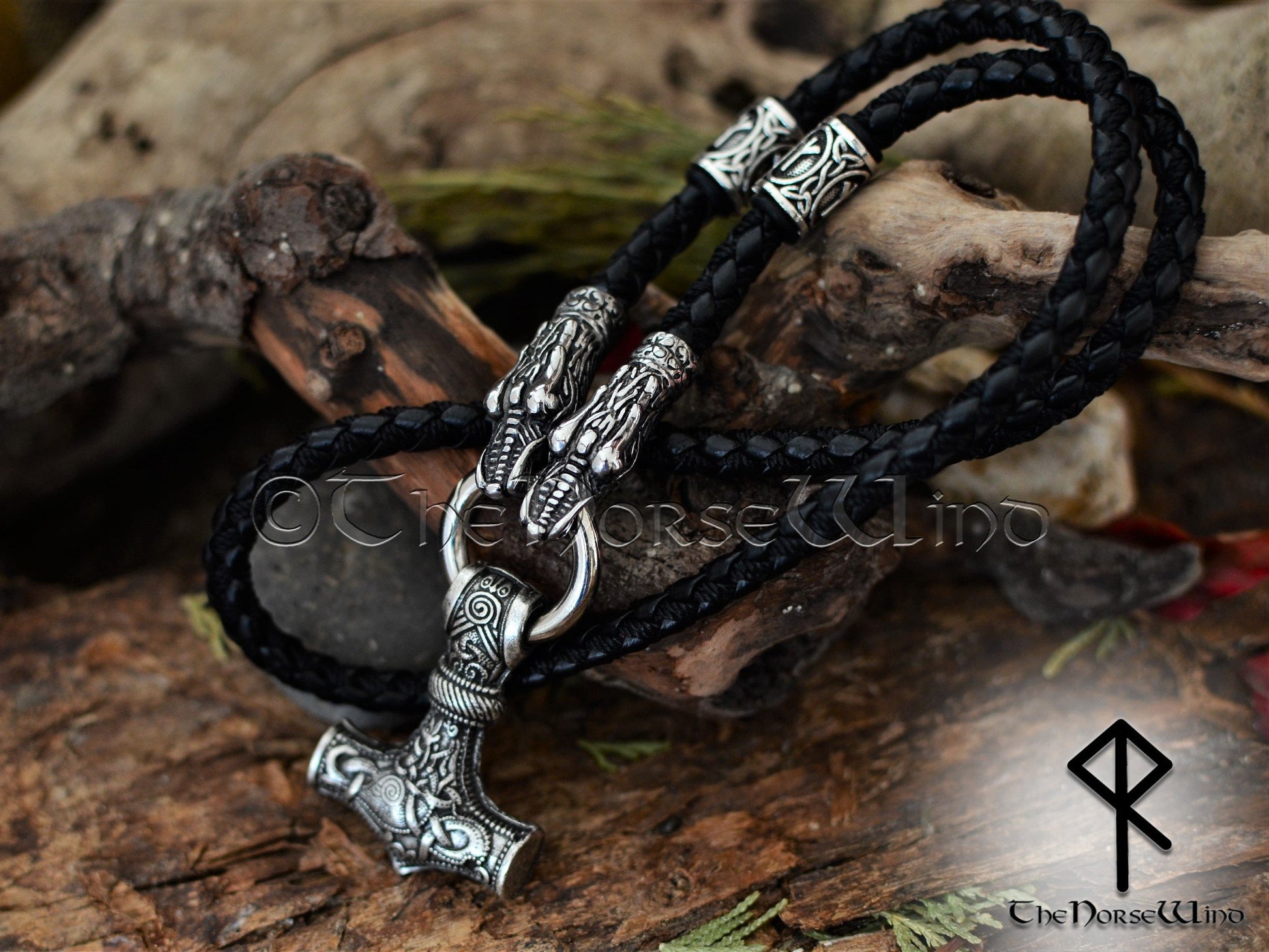 Set Braided Leather Cord Wolf Viking Necklace With Thors Hammer