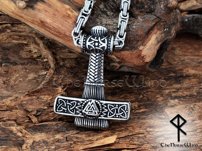 Thor's Hammer Viking Necklace, Mjolnir with Valknut Engraving