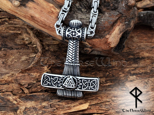 Thors Hammer Wikinger-Halskette, Mjolnir mit Valknut-Gravur