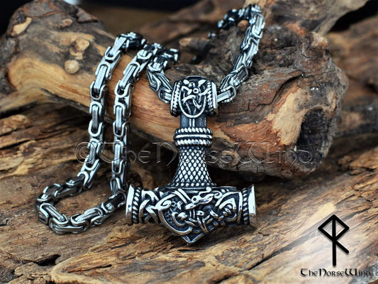 Wikinger-Mjolnir-Halskette, Thorshammer-Anhänger mit keltischem Drachen