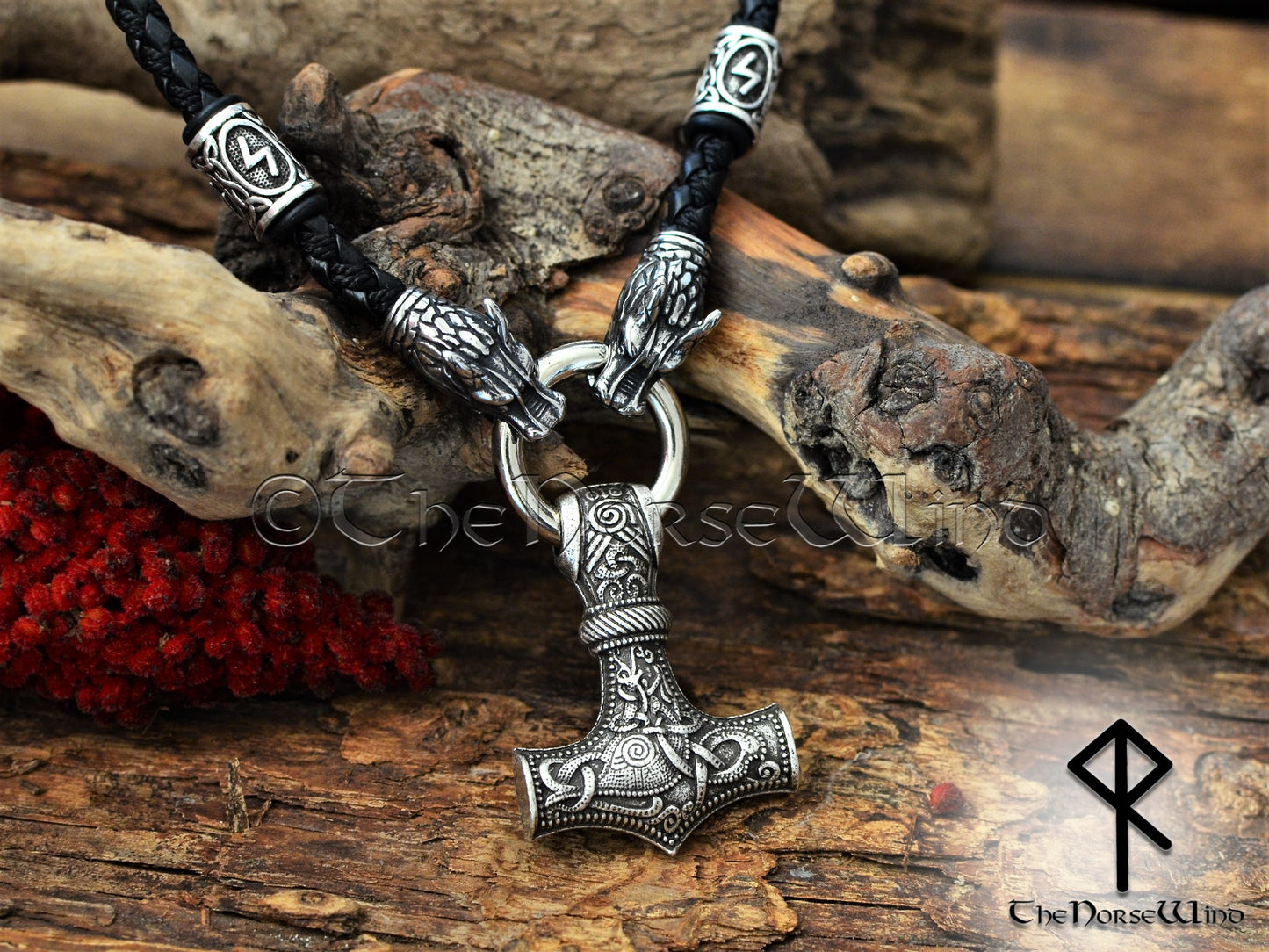 Viking Mjolnir Necklace, Thor's Hammer O Ring, Fenrir Wolf Heads Rune Pendant