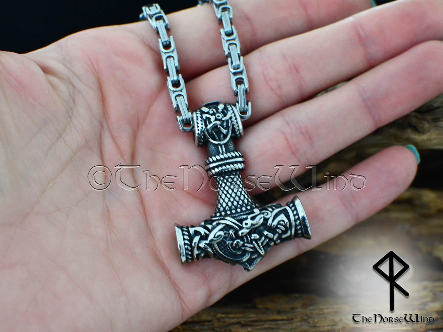 Viking Mjolnir Necklace, Thor's Hammer Pendant with Celtic Dragon