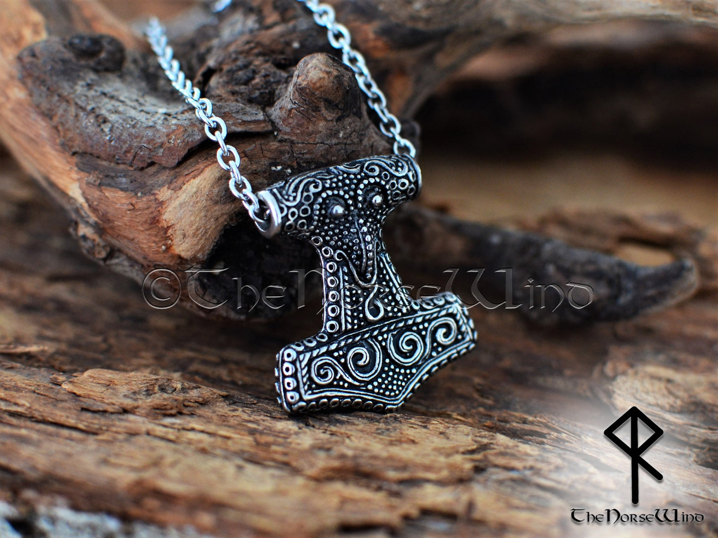 Thor's Hammer Necklace, Viking Raven Head Mjolnir Silver Pendant