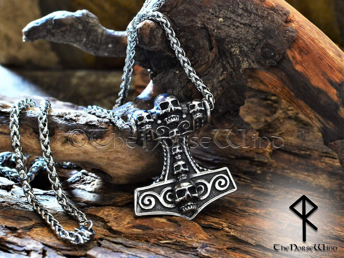 Viking Thor's Hammer Skull Necklace, Norse Mjolnir Pendant