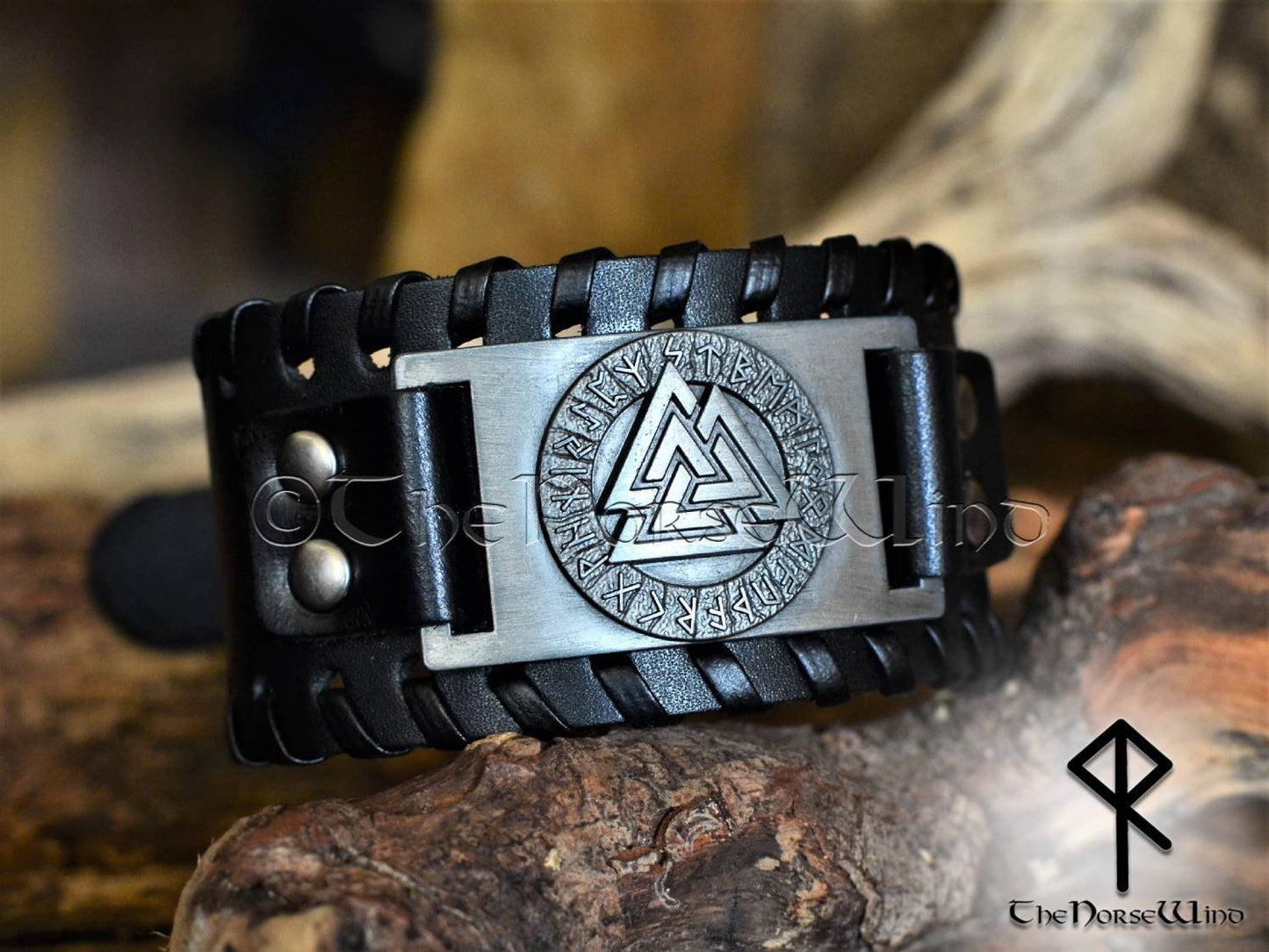 Viking bracelet Valknut Odin Black Leather Wristband