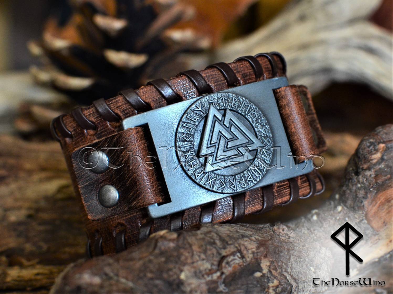 Valknut Viking Leather Bracelet, Silver Odin's Wristband - TheNorseWind