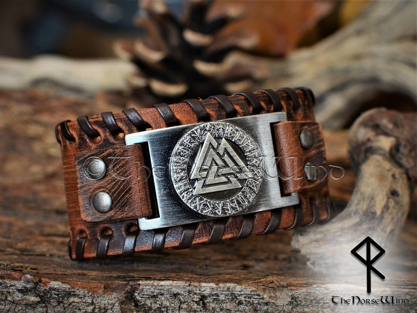 Viking Bracelet Valknut Brown Leather Wristband