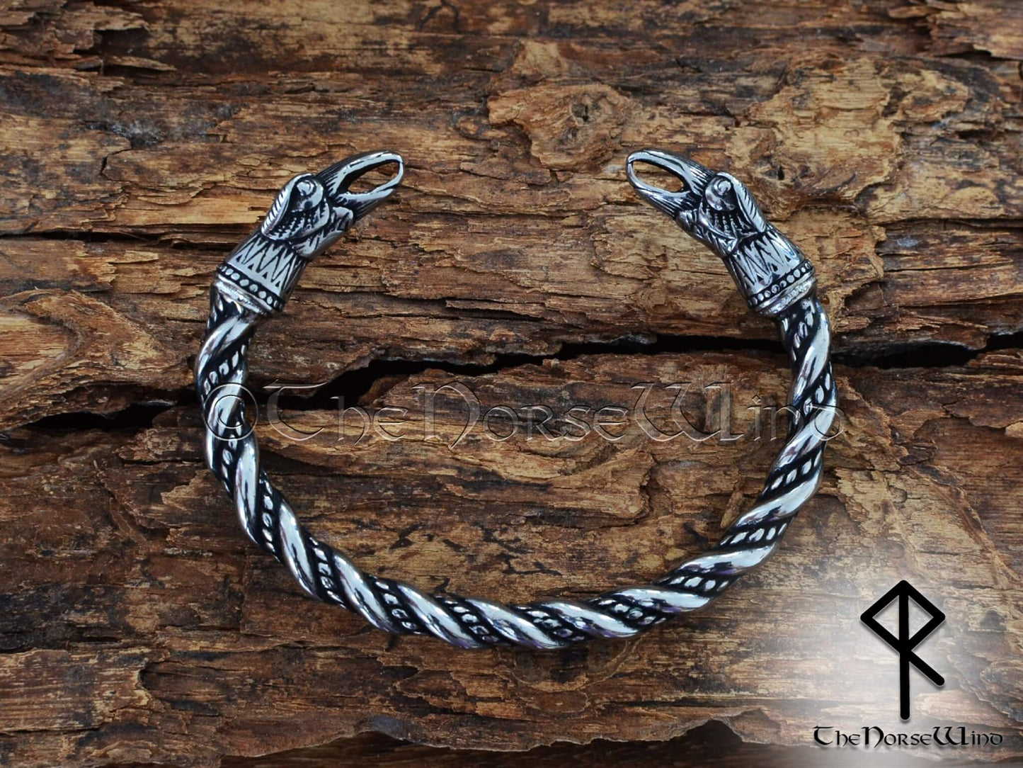 Viking Raven Bracelet, Odin Ravens Head Torc, Norse Arm Ring - Stainless Steel