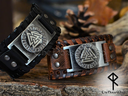 Viking Leather Bracelet Valknut 