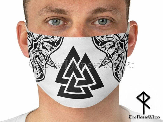Viking Face Mask with Valknut Symbol and Twin Ravens, White - TheNorseWind