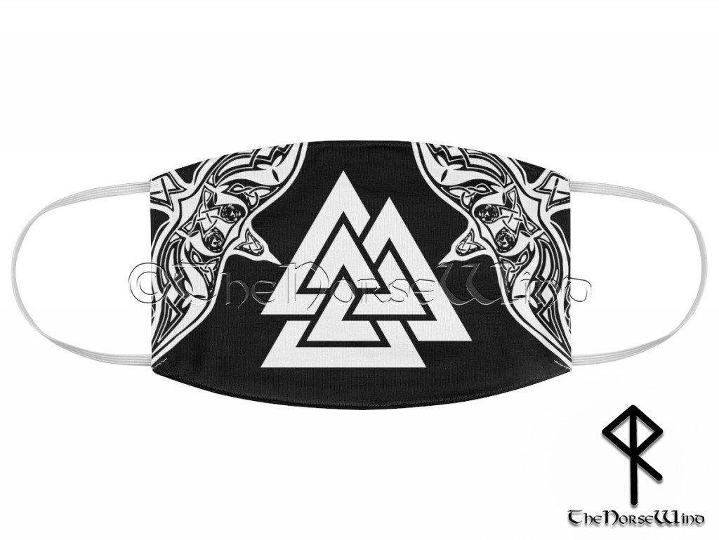 Viking Face Mask with Valknut Symbol and Twin Ravens, Black - TheNorseWind