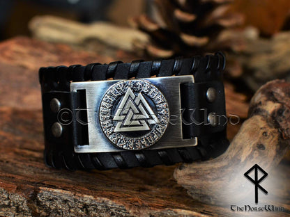 Viking Bracelet Valknut Black Leather Wristband