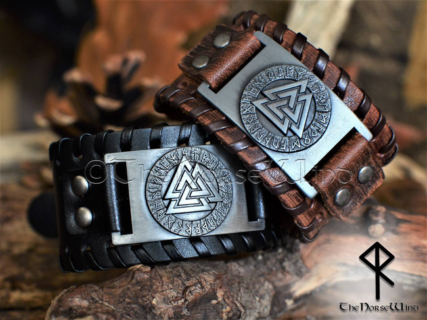 Valknut Viking Leather Wristband Black Brown