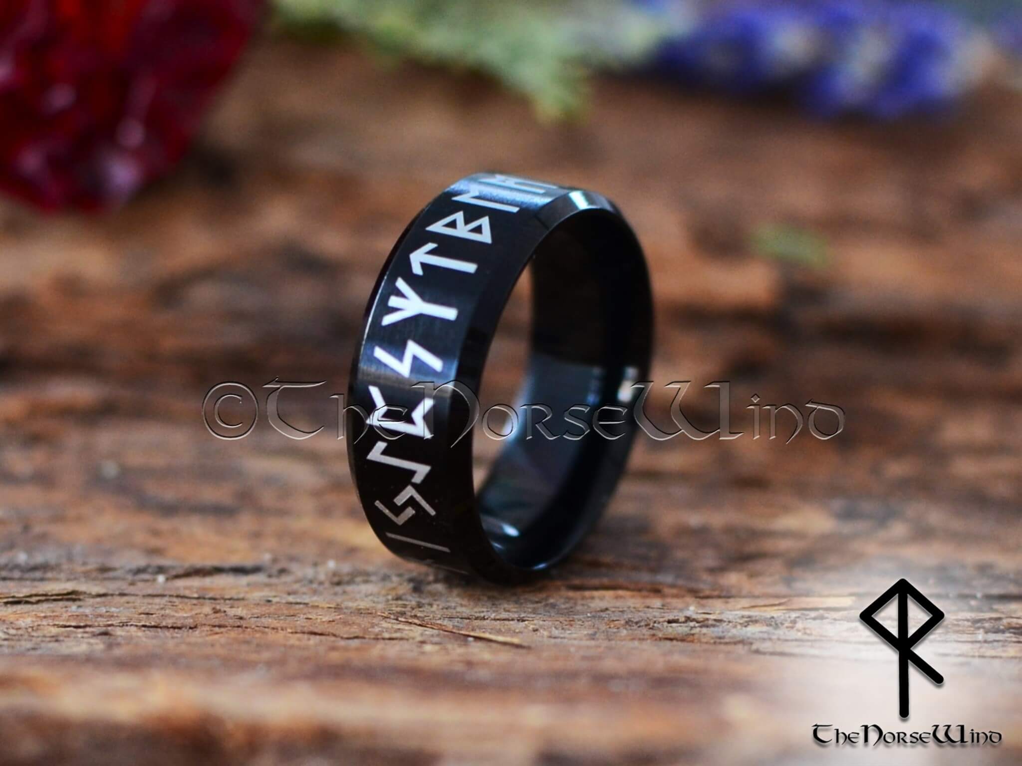 Viking Ring, Norse Runes Wedding Bands, Black Steel - TheNorseWind