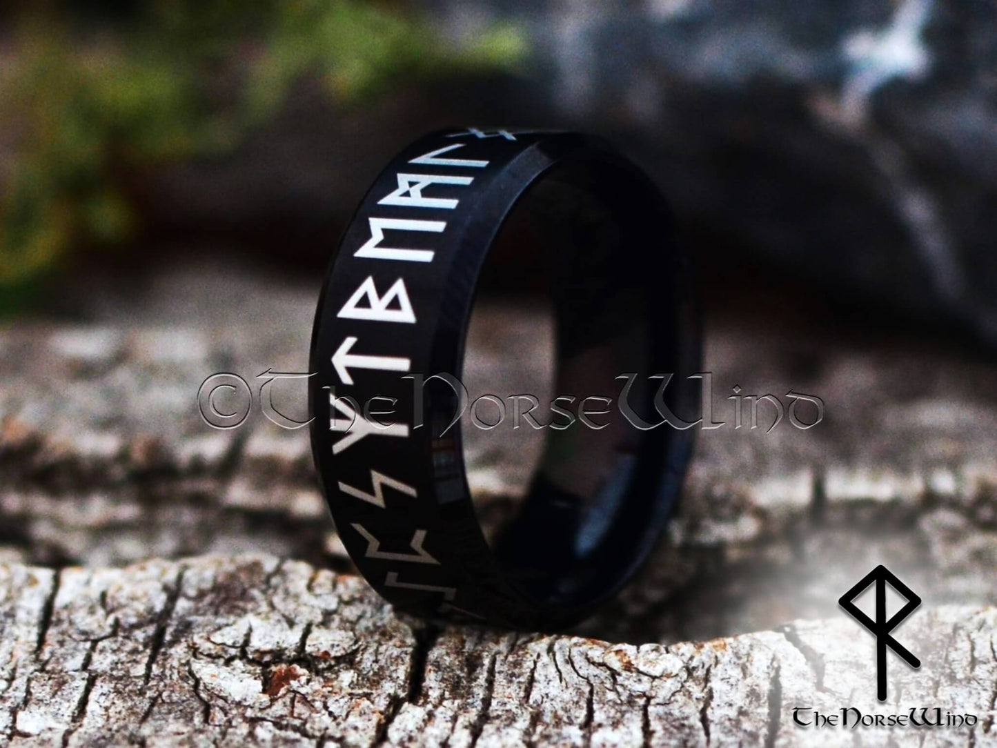 Viking Runes Ring - Black Stainless Steel Futhark Ring - TheNorseWind