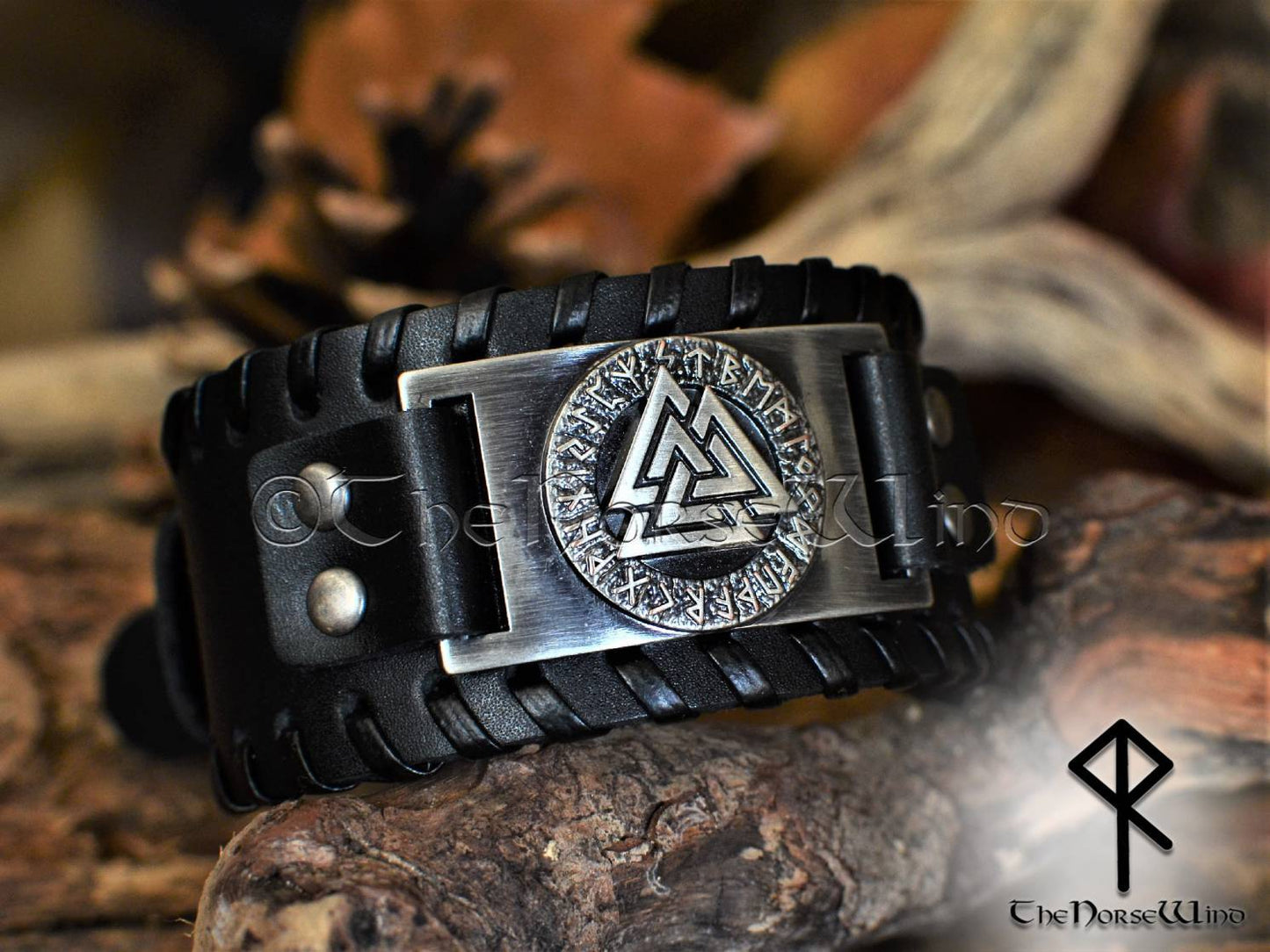 Viking Valknut leather bracelet runes cuff black-thenorsewind