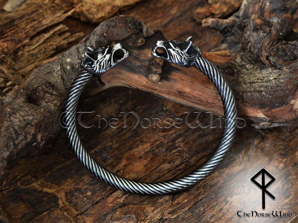 Viking Bracelet Fenrir Wolf Head Arm Ring, Men's Silver Torque - TheNorseWind