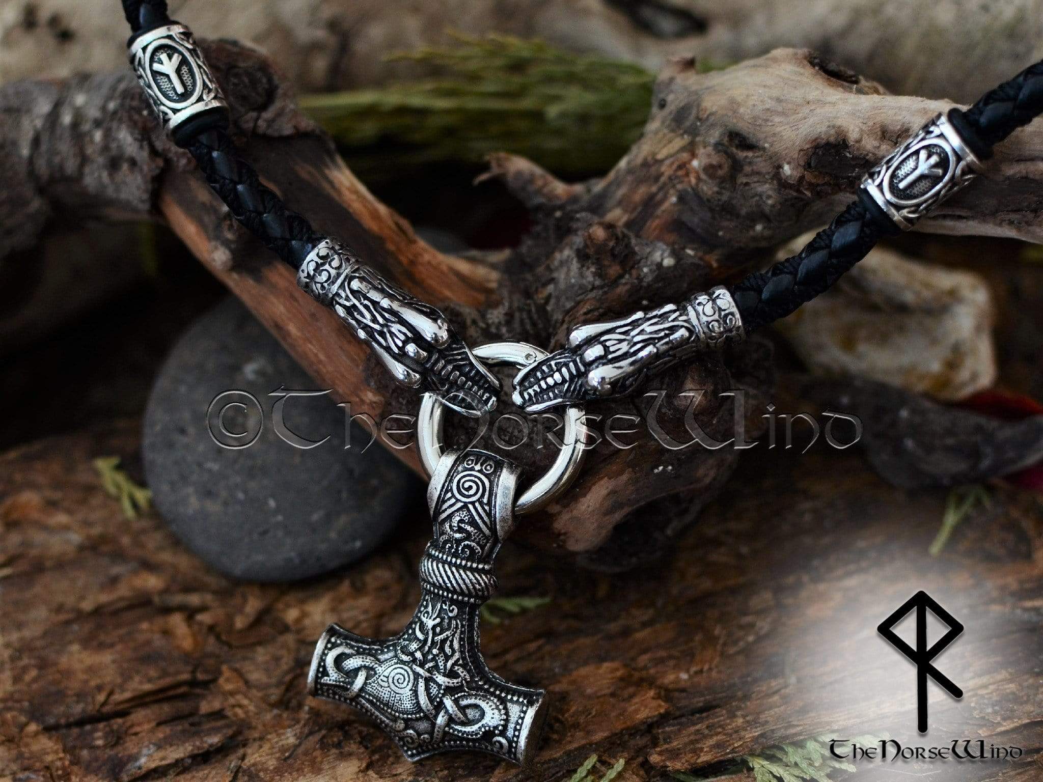 Thor's Hammer Mjolnir Necklace, Solid Viking Rune Dragon