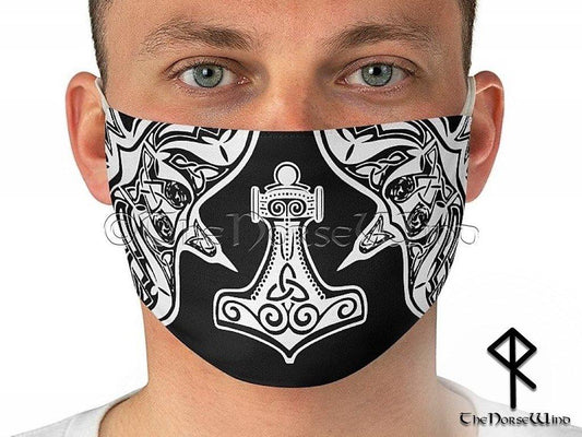 Mjolnir Face Mask, Thor's Hammer Viking Face Cover Huginn and Muninn Ravens Washable / Reusable in Black - TheNorseWind