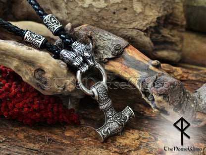 Viking Mjolnir Necklace, Thor's Hammer O Ring, Fenrir Wolf Heads Rune Pendant