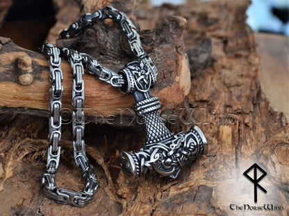Viking Mjolnir Necklace, Thor's Hammer Pendant with Celtic Dragon