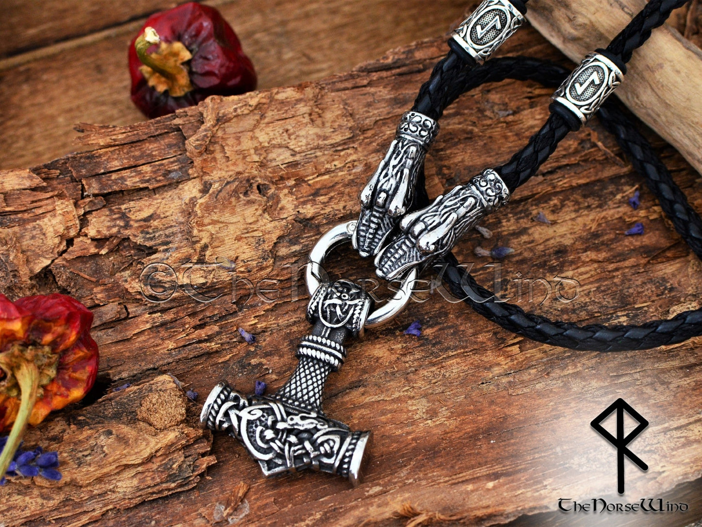 Thors Hammer O-Ring-Halskette, Helm of Awe Mjolnir-Anhänger mit Drachenköpfen