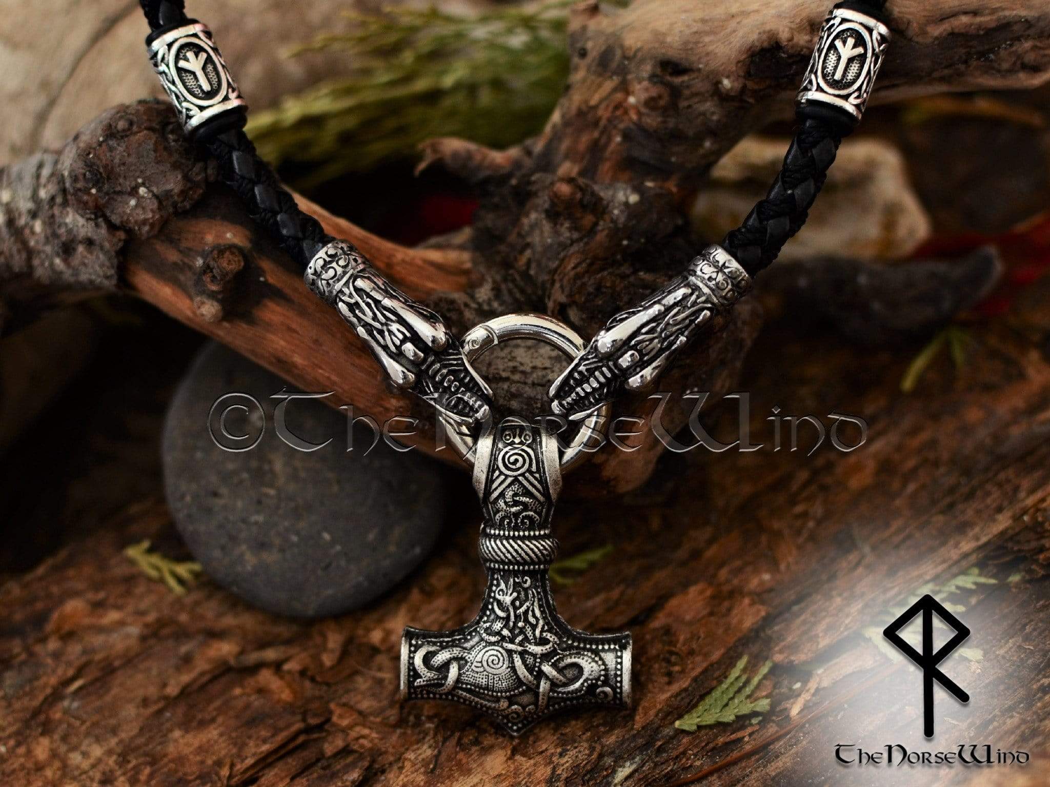 Thor's Hammer Mjolnir Necklace, Solid Viking Rune Dragon