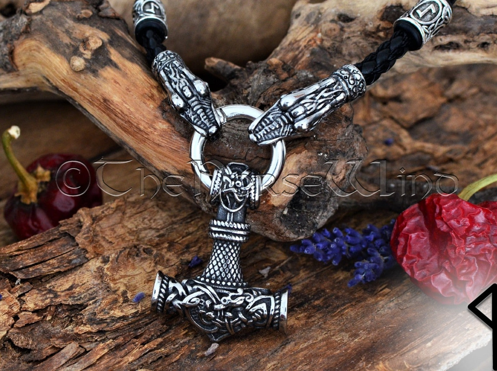 Thor's Hammer Mjolnir Necklace, Solid Viking Rune Dragon