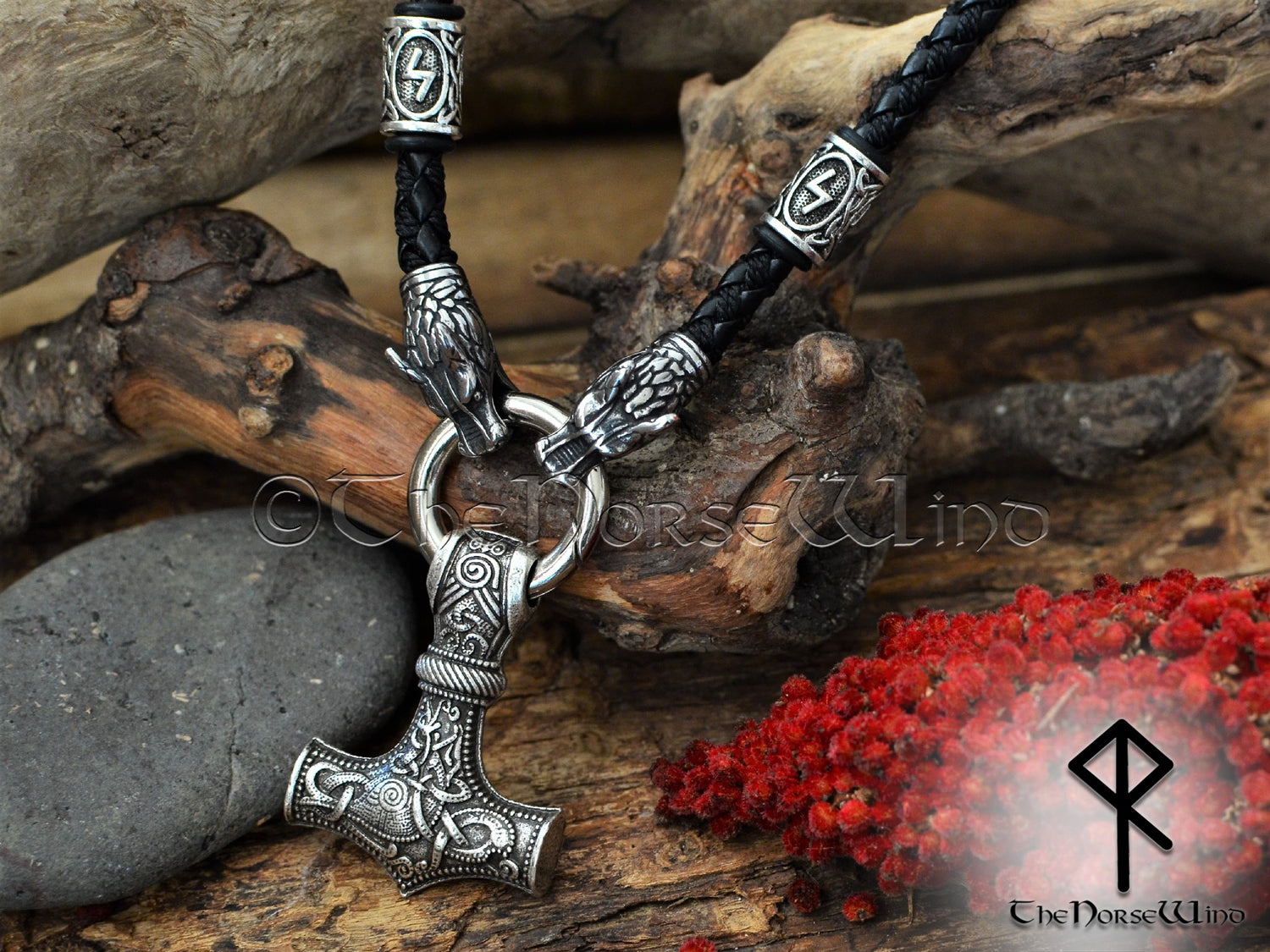 Viking Mjolnir Necklace, Thor's Hammer O Ring, Fenrir Wolf Heads Rune Pendant - The Norse Wind