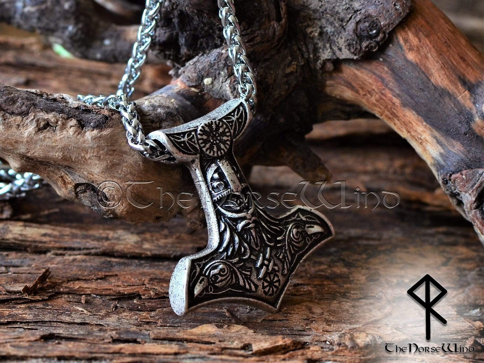 Thor's Hammer Viking Necklace, Mjolnir Pendant with Odin Ravens TheNorseWind