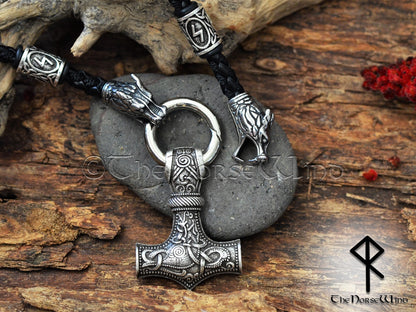 Wikinger-Mjolnir-Halskette, Thorshammer-O-Ring, Fenrir-Wolfsköpfe-Rune-Anhänger