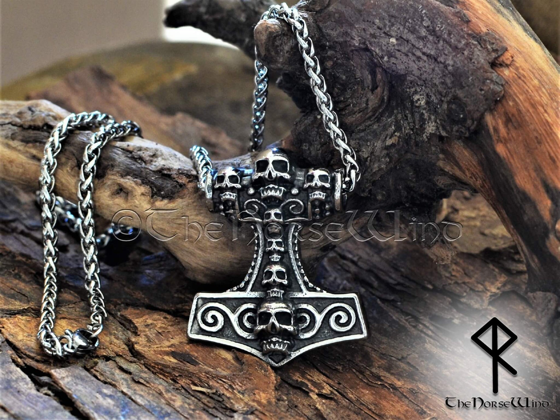 Viking Thor's Hammer Skull Necklace, Norse Mjolnir Pendant - TheNorseWind