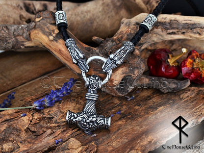 Thor's Hammer O-ring Necklace, Helm of Awe Mjolnir Pendant with Dragon Heads