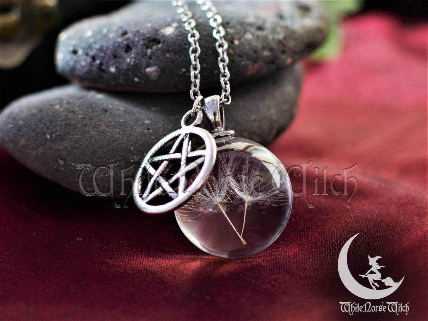 dandelion necklace glass wish pendant wicca jewelry pentagram
