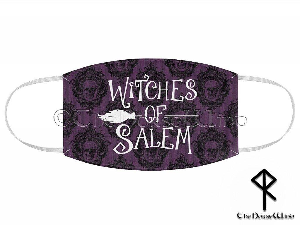 Witches of Salem Face Mask, Halloween Goth Wiccan Fabric Face Mask Deep Purple with Skulls - TheNorseWind